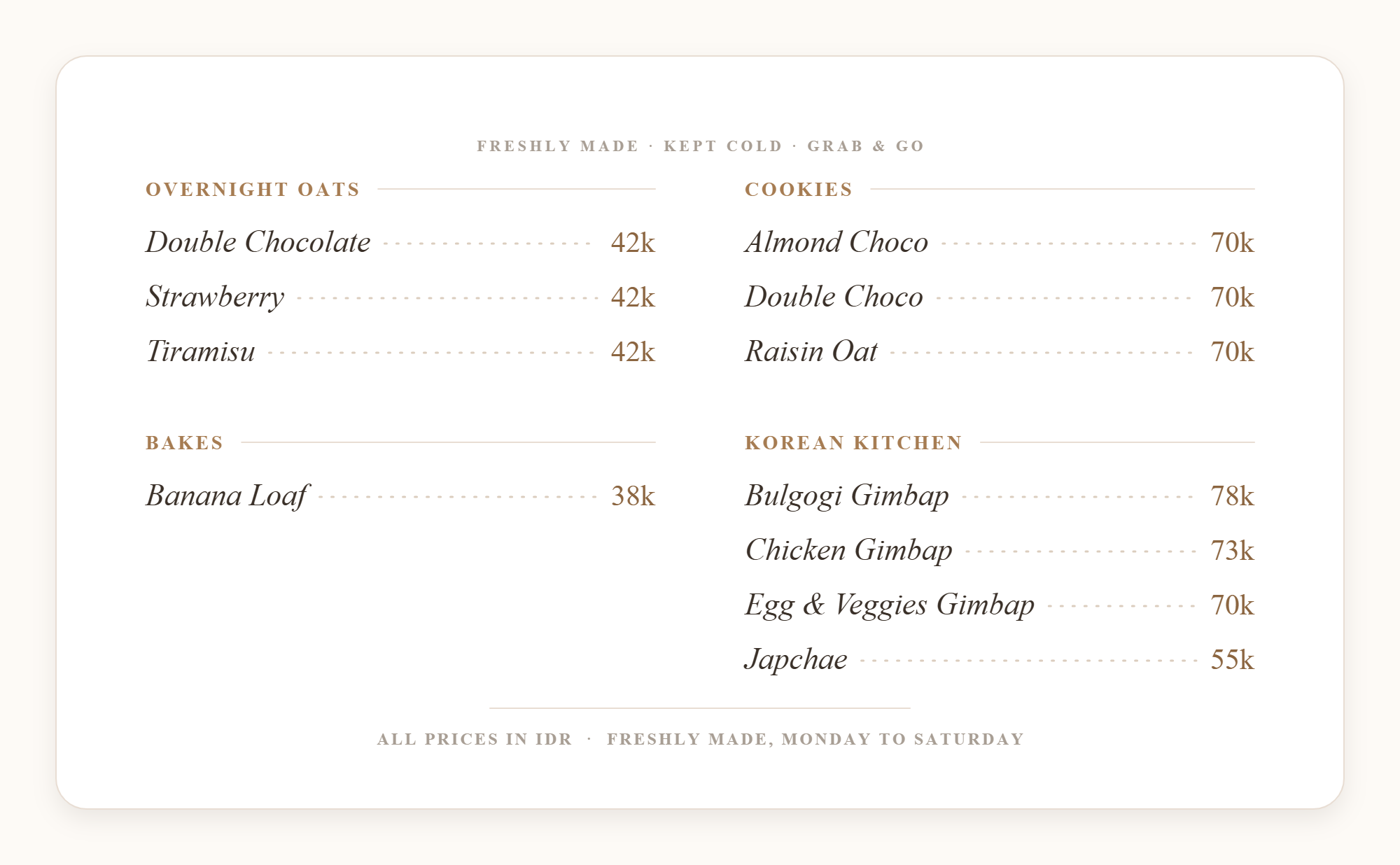 Little Hanniel menu: overnight oats, cookies, bakes, and Korean kitchen items with prices in IDR